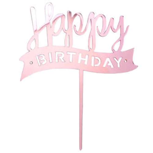 Happy Birthday Banner Cake Topper - Metallic Pink - Click Image to Close